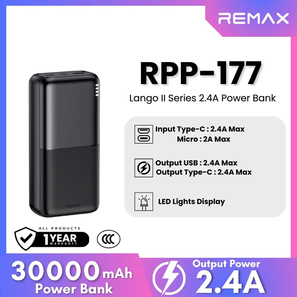 REMAX - RPP-177 Lango II Series 30000mah 2.4A Power Bank REMAX - RPP-177 Lango II Series 30000mah 2.4A Power Bank